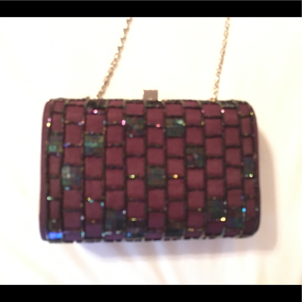 Brown satin, sequined, and beaded Vanessa evening purse. See full description.